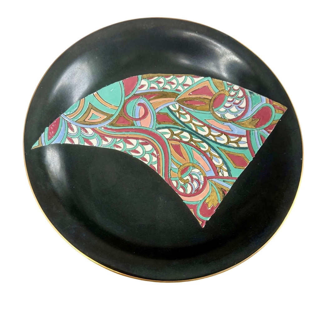 Vintage Nora Fenton 14" Postmodern Abstract Charger Black‎ Gold Decor
